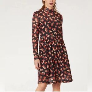 Dangerfield Babydoll Sheer Mesh Mushroom Print Mock Neck Dress